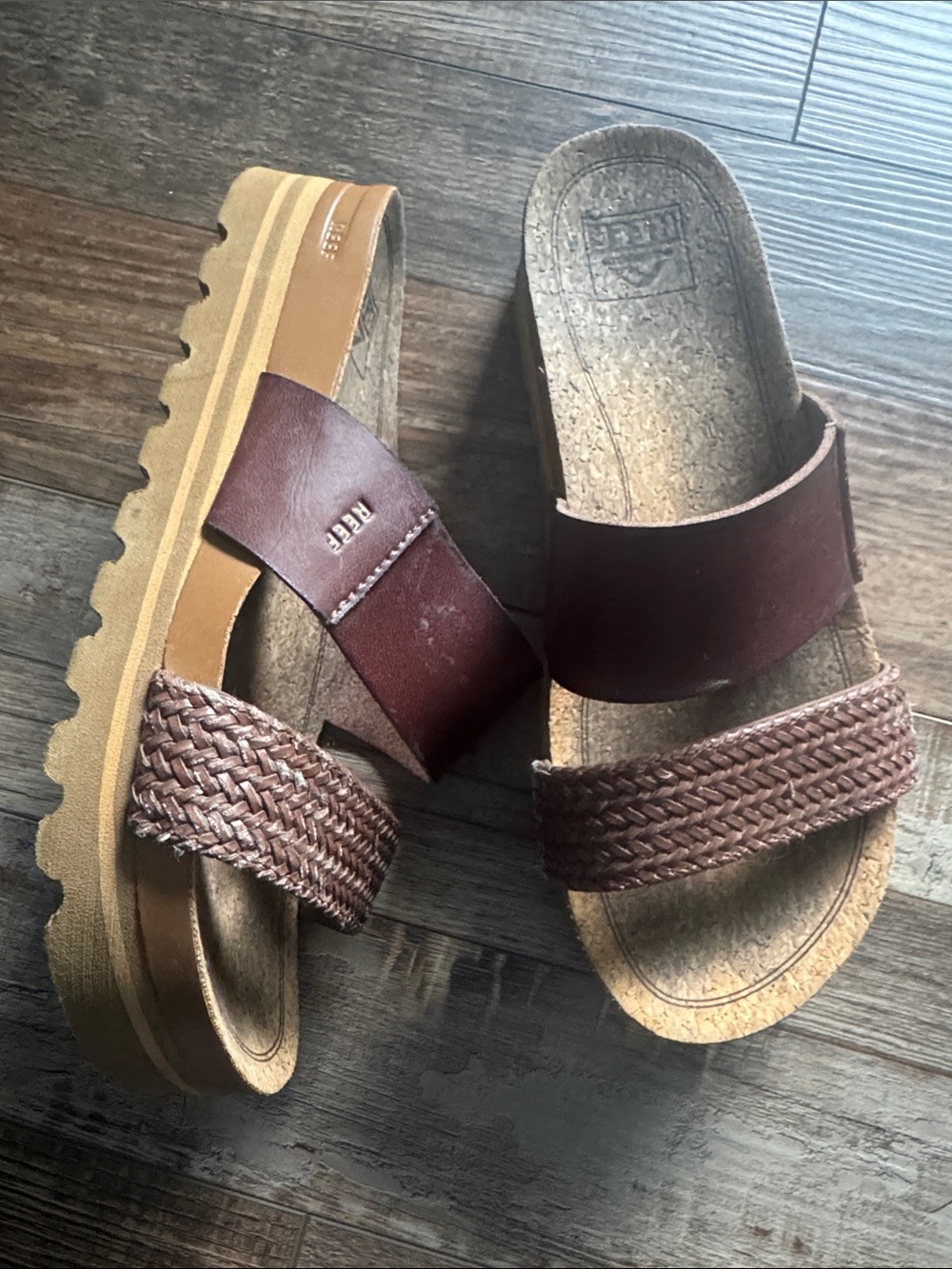 Reef Brown Leather & Woven Strap Slide Sandals